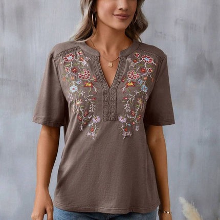 Embroidered Notched Short Sleeve T-Shirt