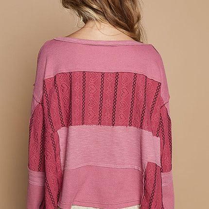 POL Half Button Color Block Drop Shoulder Knit Top