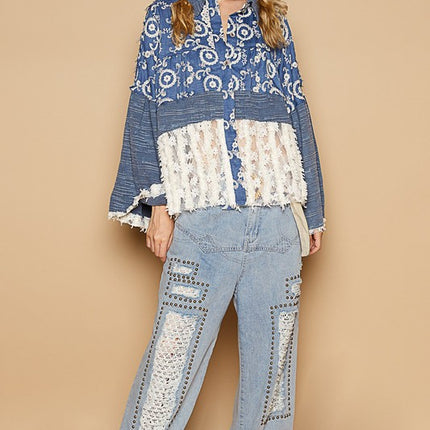 POL Lace Hem Embroidered Long Sleeve Shirt