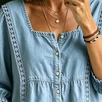 Full Size Square Neck Button-Down Denim Shirt Plus Size