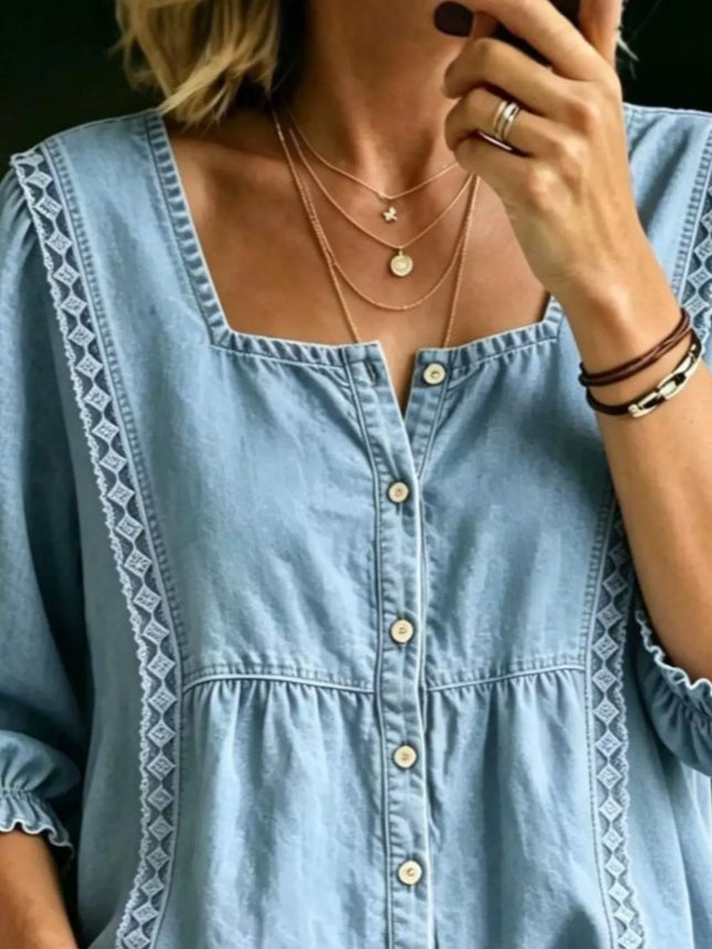Full Size Square Neck Button-Down Denim Shirt Plus Size