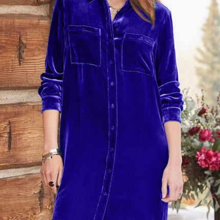 High-Low Button Up Long Sleeve Knee Length Dress