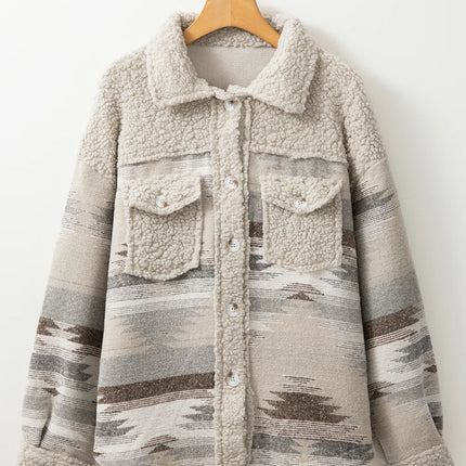 Geometric Button Up Long Sleep Fuzzy Jacket