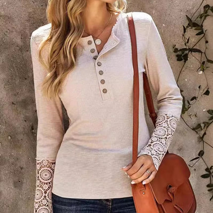 Lace Detail Half Button Round Neck Long Sleeve T-Shirt