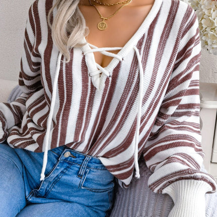 Striped Lace-Up Long Sleeve Sweater