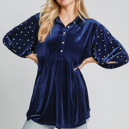 Umgee Pearl Detail Collared Neck Velvet Babydoll Blouse