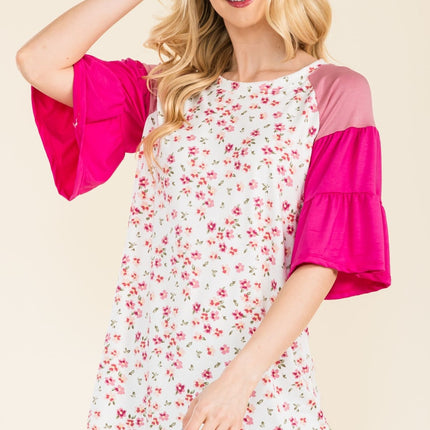 Celeste Full Size Floral Contrast Bell Sleeve Top