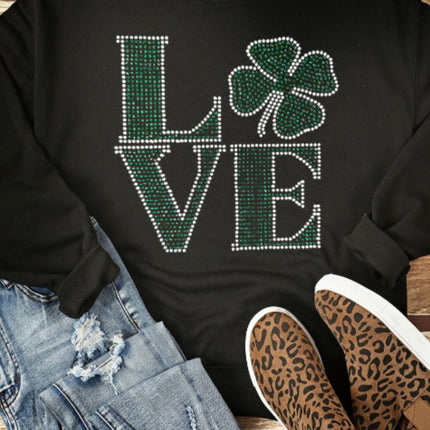 LOVE Rhinestone Clover Round Neck Sweatshirt