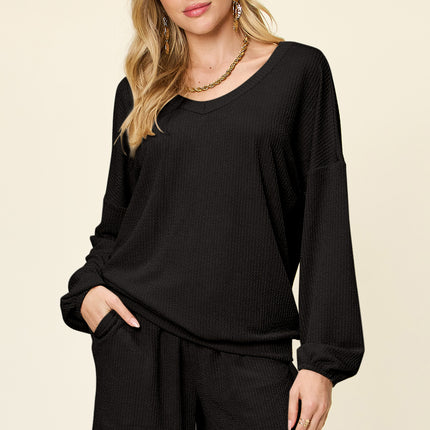 Double Take Full Size Texture V-Neck Long Sleeve T-Shirt and Shorts Set