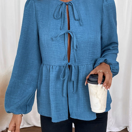 Peplum Tie Neck Balloon Sleeve Blouse