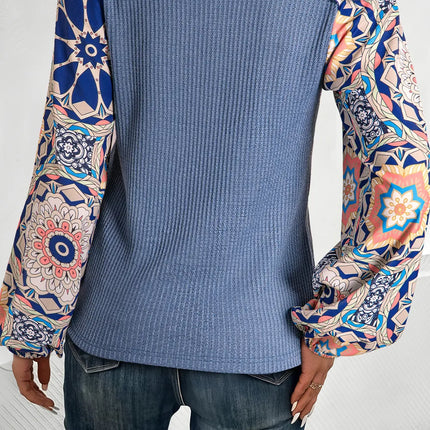 Ruffled Printed Round Neck Long Sleeve Top