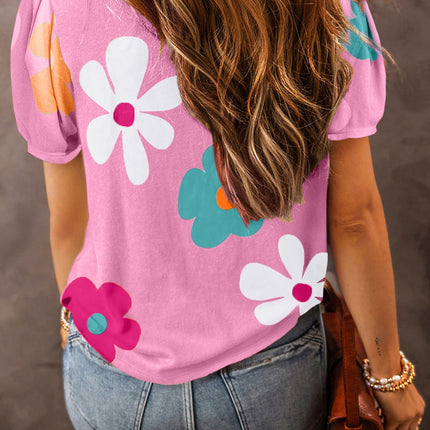 Flower Round Neck Short Sleeve Blouse
