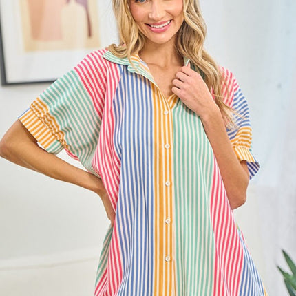 First Love Full Size Striped Button Down Short Sleeve Shirt