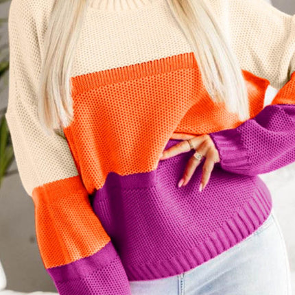 Color Block Drop Shoulder Round Neck Sweater