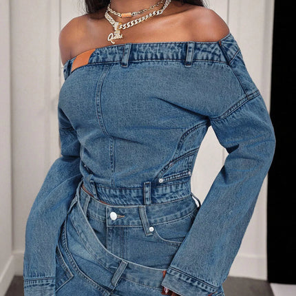 Off-Shoulder Long Sleeve Denim Top
