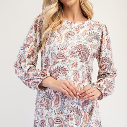 Celeste Full Size Paisley Round Neck Balloon Sleeve Top