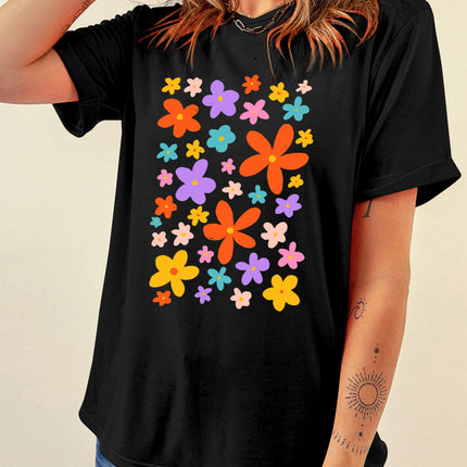 Flower Graphic Round Neck Short Sleeve T-Shirt - Vickie Lynn's