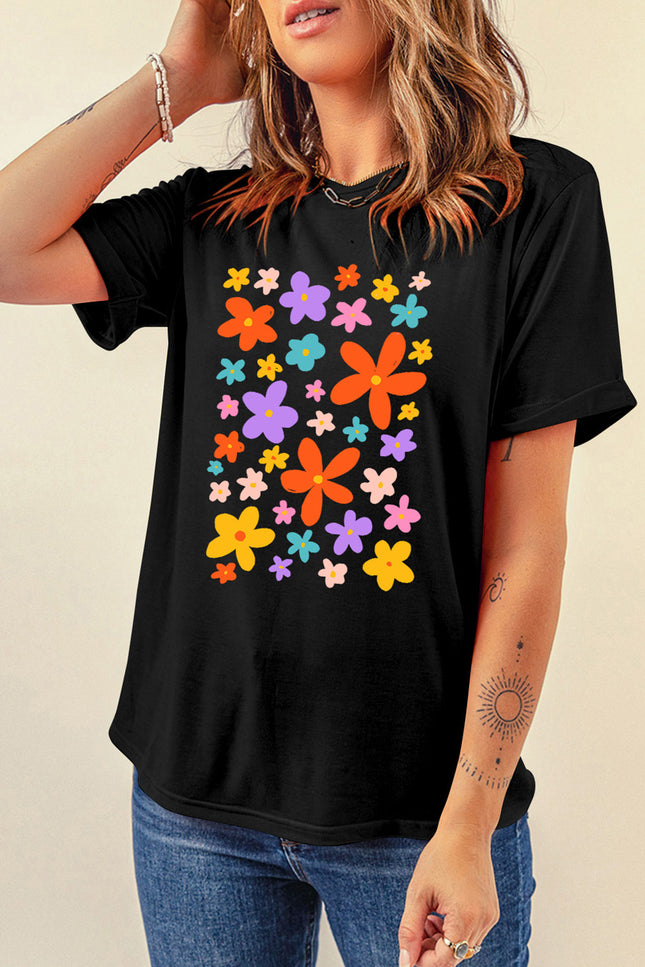Flower Graphic Round Neck Short Sleeve T-Shirt - Vickie Lynn's