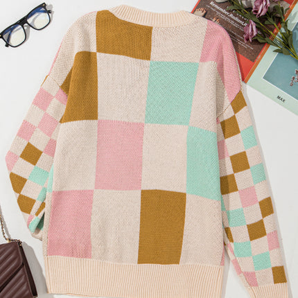 Checkered Round Neck Drop Shoulder Sweater