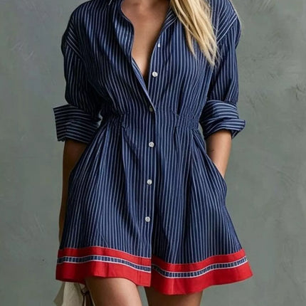 Striped Button-Down Shirt Dress with Contrast Hem
