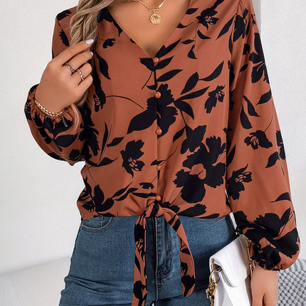 Printed V-Neck Long Sleeve Blouse