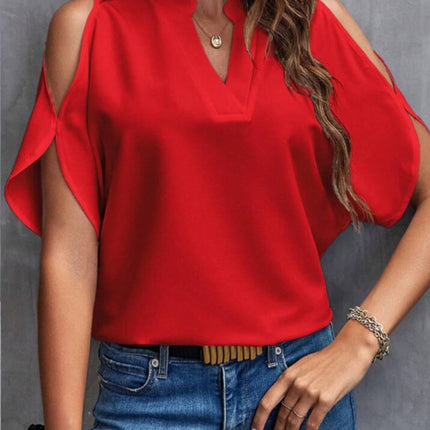 Notched Cold Shoulder Half Sleeve Blouse