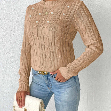 Cable-Knit Round Neck Long Sleeve Sweater