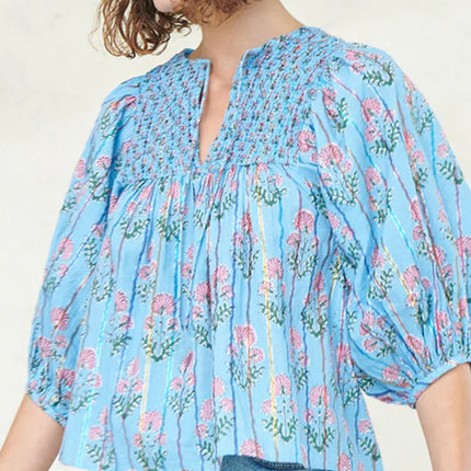 Smocked Floral Print Tie Neck Blouse