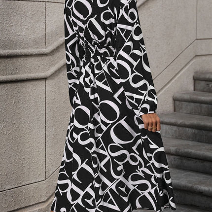 Printed V-Neck Long Sleeve Midi Dress