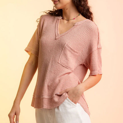 Waffle-Knit Notched Half Sleeve T-Shirt