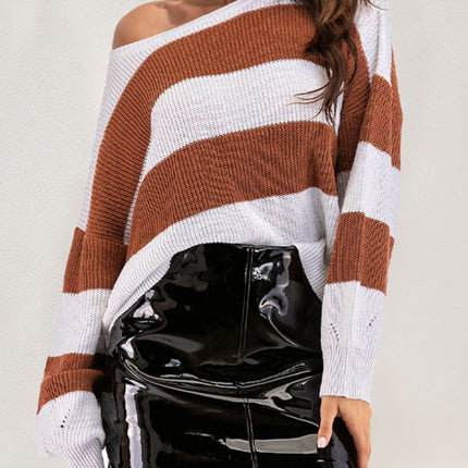 Perfee Color Block Dropped Shoulder Long Sleeve Sweater