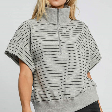 Umgee Striped Half Zip Short Sleeve Sweatshirt