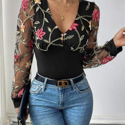 Perfee Embroidered V-Neck Long Sleeve Bodysuit