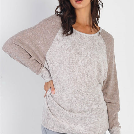 Cherish Apparel Round Neck Long Sleeve Contrast Top