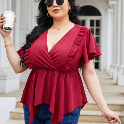 Plus Size Frill Surplice Flutter Sleeve Blouse