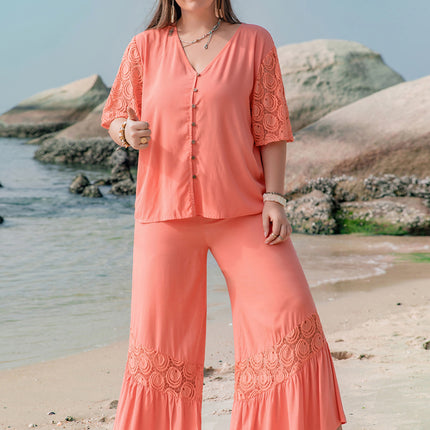 Plus Size Button Up Half Sleeve Top and Pants Set