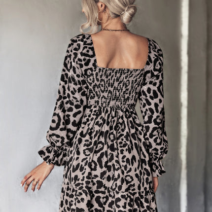 Leopard Smocked Flounce Sleeve Mini Dress