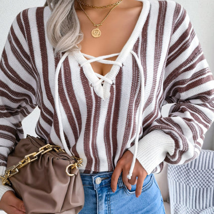 Striped Lace-Up Long Sleeve Sweater