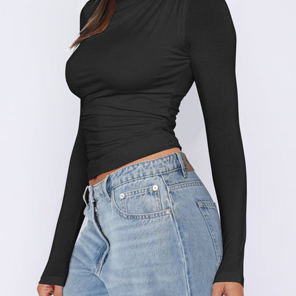 Ruched Asymmetrical Neck Long Sleeve T-Shirt