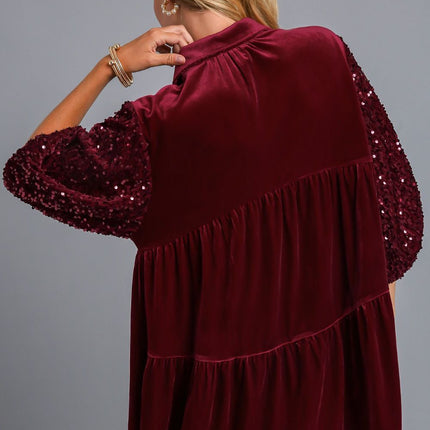 Umgee Sequin Detail Tiered Back Half Sleeve Shirt