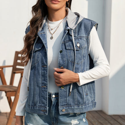 Pocketed Button Up Hooded Denim Jacket