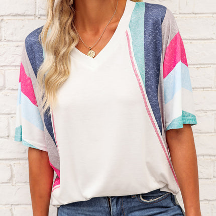 Rainbow Stripe Slit V-Neck T-Shirt