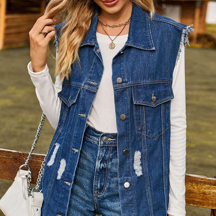 Sleeveless Button-Up Collared Denim Top with Pockets