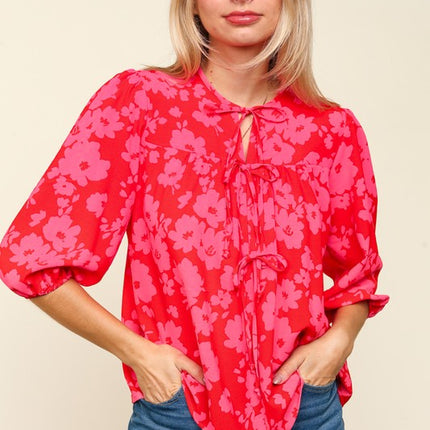 Haptics Full Size Ribbon Bow Floral Balloon Sleeve Blouse