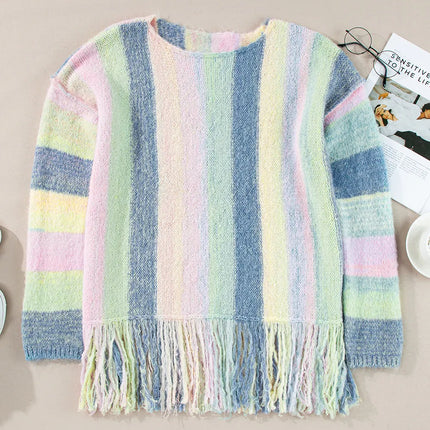 Fringe Color Block Round Neck Sweater