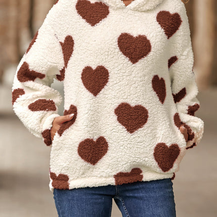 Fuzzy Heart Pocketed Dropped Shoulder Hoodie