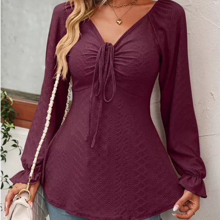 Full Size Drawstring Ruffled V-Neck Long Sleeve Blouse