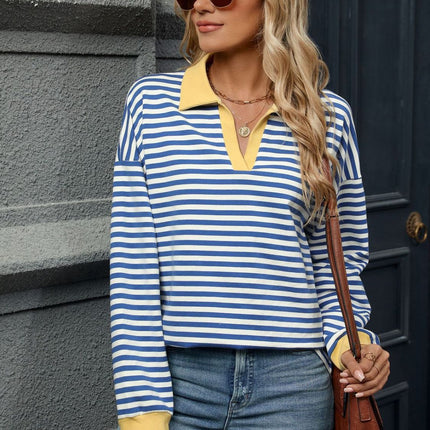 Striped Johnny Collar Long Sleeve Sweatshirt