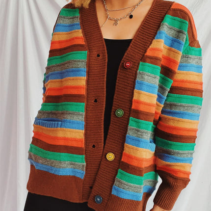 Contrast Stripes Button Up Long Sleeve Cardigan