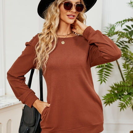 Ruched Shoulder Round Neck Long Sleeve Sweatshirt